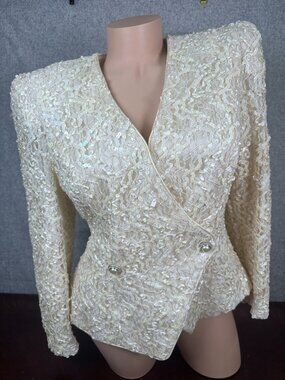 Vintage Donna Russo 7/8 Womens Sequin Blazer Top Cream Wedding Glamour Vneck